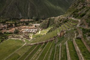 Andean mountain landscape with ancient terraces representing the cultural origins of the despacho ceremony