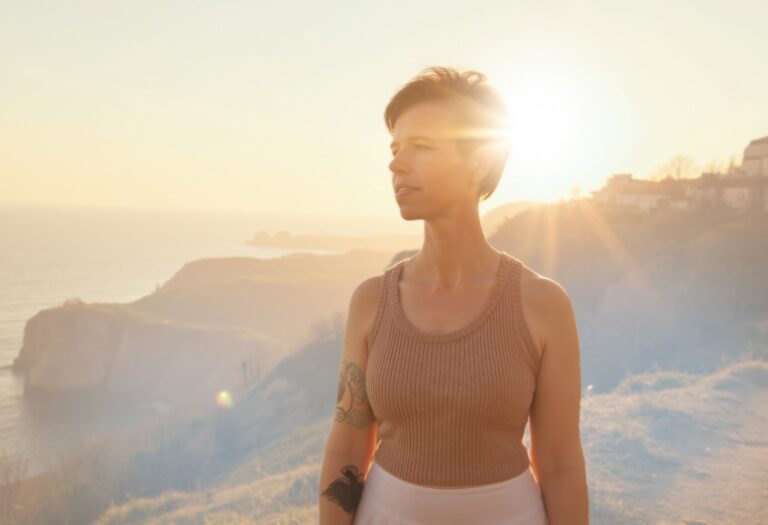 SpiritBird with mountain sunset behind her