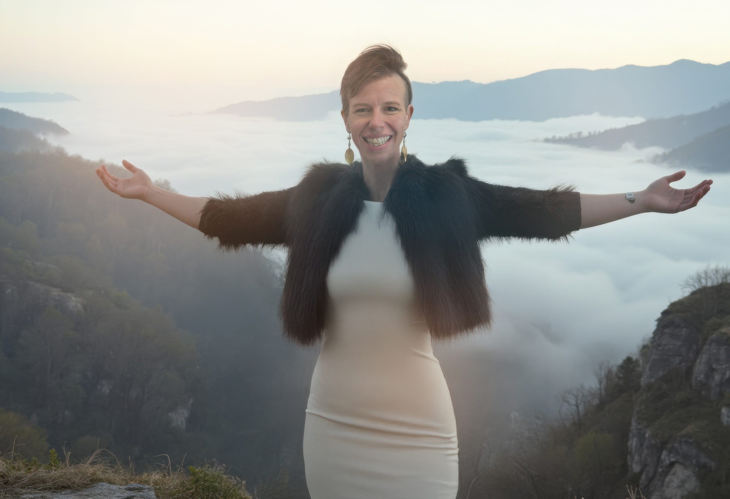 SpiritBird Holton standing on a mountain above the clouds with arms open, expressing freedom, expansion, and empowered spiritual embodiment