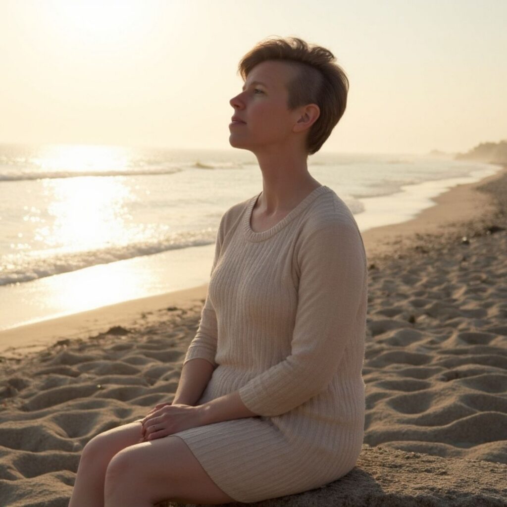 SpiritBird sitting peacefully by the ocean during a private coaching session with Holton Healing Arts