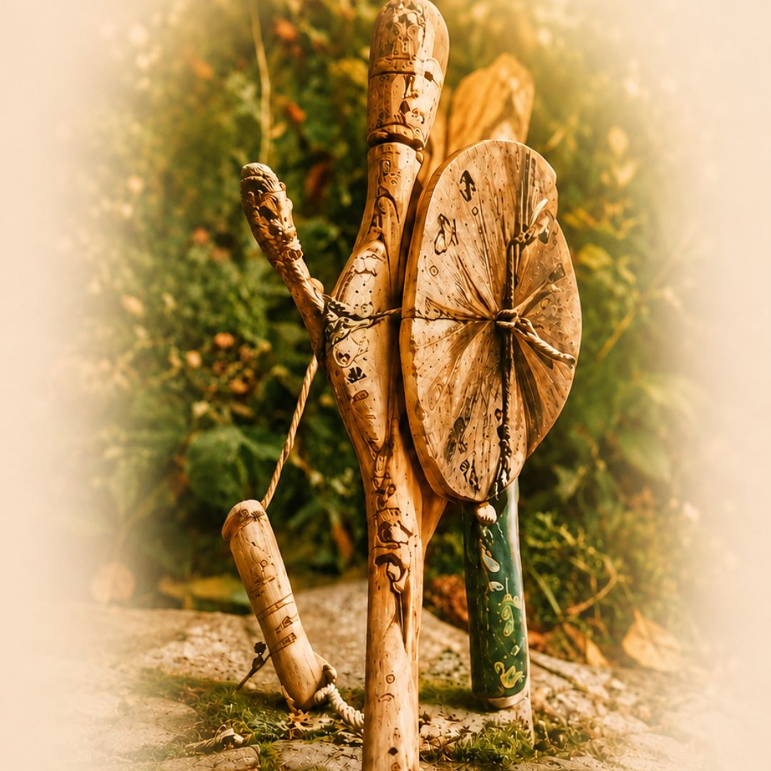 Shamanic drum, ceremonial staff, and sacred ritual tools used for spiritual healing and shamanic journeying.