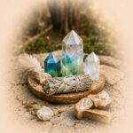 Crystals, sage, and sacred ritual tools representing spiritual healing, energy work, and intuitive practice.