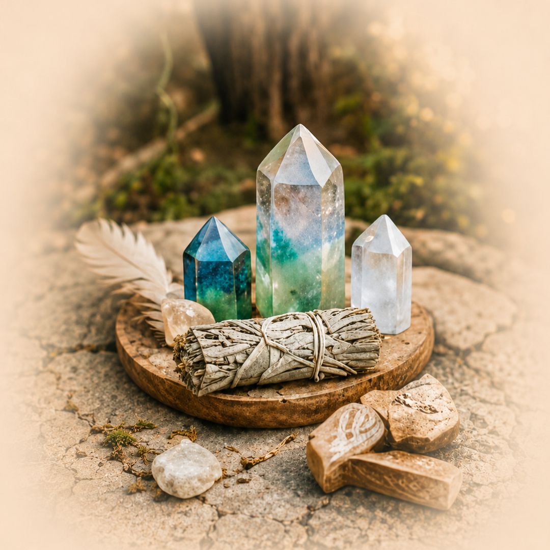 Crystals, sage, and sacred ritual tools representing spiritual healing, energy work, and intuitive practice.